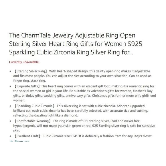 The CharmTale Jewelry Adjustable Ring Open Sterling Silver Heart Ring NEW Gift - Picture 2 of 7